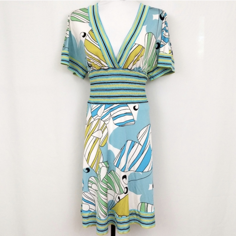 BCBGMaxAzria Butterfly Dress Smocked Waist Pullover V-neck Striped Whimsycore S